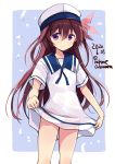  1girl blush brown_hair cosplay dated dress dress_lift eyebrows_visible_through_hair feet_out_of_frame hair_between_eyes hat hiburi_(kantai_collection) hiburi_(kantai_collection)_(cosplay) kantai_collection kisaragi_(kantai_collection) lifted_by_self long_hair odawara_hakone sailor_dress sailor_hat short_sleeves smile solo twitter_username violet_eyes white_dress white_headwear 