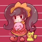  1girl =_= ashley_(warioware) black_hair chibi commentary_request dated_commentary dress gen_1_pokemon herunia_kokuoji holding kirby kirby_(series) long_hair long_twintails looking_at_another looking_up nintendo open_mouth pikachu pokemon pokemon_(creature) sleeves_past_wrists smile standing striped striped_background trangle_mouth twintails very_long_hair warioware |_| 