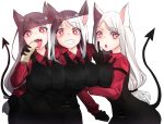 3girls absurdres animal_ears arm_around_shoulder arm_strap belt black_belt black_gloves black_neckwear black_pants black_vest breast_lift breasts cerberus_(helltaker) collared_shirt demon_girl demon_tail dog_ears dog_girl dress_shirt error eyebrows_visible_through_hair fang food gloves grin hand_on_another&#039;s_hip heart heart-shaped_pupils helltaker highres large_breasts long_hair long_sleeves looking_at_viewer low-tied_long_hair minggoo multiple_girls necktie open_mouth pancake pants red_eyes red_shirt shirt simple_background smile symbol-shaped_pupils tail tongue tongue_out triplets v very_long_hair vest white_background white_hair 