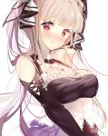  1girl arm_up armpits artist_name azur_lane bangs between_breasts black_dress blunt_bangs blush breasts center_opening closed_mouth commentary dress english_commentary eyebrows_visible_through_hair eyelashes formidable_(azur_lane) hair_ribbon long_hair looking_at_viewer medium_breasts red_eyes ribbon shoulder_cutout silver_hair simple_background solo twintails upper_body white_background white_neckwear whitekana 