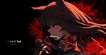  1girl absurdres animal_ears black_background black_hair blood character_name collar dog_tags fangs fingerless_gloves flower gloves highres inoue_takina kemonomimi_mode long_hair lycoris_recoil mouth_hold pink_eyes scar simple_background solo spider_lily wolf_ears yufeng_kaete 