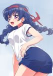  1girl :d blue_background blue_hair blue_shorts braid breasts eyebrows_visible_through_hair gradient gradient_background gym_uniform hachigatsu_no_cinderella_nine hairband kondou_saki long_hair looking_at_viewer medium_breasts open_mouth red_hairband senzoc short_sleeves shorts smile solo twin_braids violet_eyes 