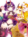  2girls artist_request bangs bare_shoulders blonde_hair bob_cut breasts bridal_gauntlets closed_mouth collarbone eyeliner facial_mark fate/grand_order fate_(series) food forehead forehead_mark fruit hair_pulled_back hair_ribbon headpiece highres horns ibaraki_douji_(fate/grand_order) japanese_clothes kimono licking_lips long_sleeves looking_at_viewer makeup multiple_girls navel obi off_shoulder oni oni_horns peach pointy_ears purple_hair purple_kimono revealing_clothes ribbon sash short_hair short_kimono shuten_douji_(fate/grand_order) simple_background skin-covered_horns small_breasts smile tattoo thighs tongue tongue_out violet_eyes white_background white_ribbon wide_sleeves yellow_eyes yellow_kimono 