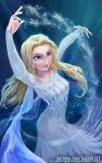  1girl arm_up bare_shoulders blonde_hair blue_background blue_eyes breasts cleavage commentary disney dress element_bending elsa_(frozen) frozen_(disney) frozen_ii_(disney) gluteal_fold hair_over_shoulder hand_up judash137 long_hair magic pale_skin patreon_username see-through_silhouette signature smile snowflakes solo standing watermark white_dress 
