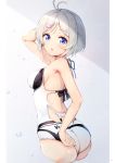  1girl :o antenna_hair arm_up armpits ass back bangs bare_arms bare_shoulders black_ribbon blush breasts casual_one-piece_swimsuit cropped_legs dennou_shoujo_youtuber_siro eyebrows_visible_through_hair from_behind grey_background grey_hair hair_ornament hairclip highres looking_at_viewer looking_back medium_breasts nijihashi_sora one-piece_swimsuit open_mouth parted_bangs ribbon short_hair sideboob siro_(dennou_shoujo_youtuber_siro) solo swimsuit thighs virtual_youtuber water_drop wet white_swimsuit 