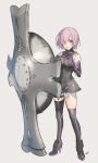  1girl armor armored_dress black_footwear blush breasts elbow_gloves fate_(series) full_body gloves grey_background hair_over_one_eye high_heels highres kippu lavender_hair looking_at_viewer mash_kyrielight medium_breasts mismatched_legwear open_mouth ortenaus shield short_hair simple_background solo standing violet_eyes 