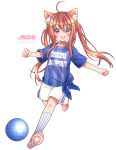  1girl :d ahoge animal_ears artist_name blue_shirt blush cat_ears cleats full_body hair_ornament hairclip kawanobe looking_at_viewer open_mouth original shirt shorts sidelocks smile soccer sportswear standing tied_shirt twintails uniform violet_eyes white_shorts 