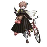  1girl bag bangs belt bicycle blue_eyes blush breasts brown_belt brown_dress brown_footwear brown_hair browning_hi-power butterfly_hair_ornament dress eyebrows_visible_through_hair girls_frontline ground_vehicle gun hair_ornament handgun holding holding_gun holding_weapon hp-35_(girls_frontline) long_sleeves official_art open_mouth reoen short_hair small_breasts solo striped striped_dress transparent_background weapon white_legwear 