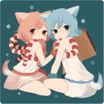  2girls animal_ears ayu_(mog) blue_background blue_eyes blue_gloves blush border cat_ears cat_tail closed_mouth flower gloves looking_at_viewer multiple_girls original red_eyes red_gloves redhead robe short_hair simple_background sitting tail white_border 