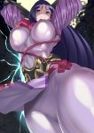  1girl absurdres arms_behind_head arms_up bangs black_gloves bodysuit breasts elbow_gloves fate/grand_order fate_(series) from_below full_moon gloves highres large_breasts latex_bodysuit lightning long_hair looking_at_viewer minamoto_no_raikou_(fate/grand_order) moon parted_bangs pelvic_curtain perspective purple_bodysuit purple_hair ribbed_sleeves rope shaded_face skin_tight smile thighs very_long_hair violet_eyes volyz 
