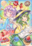  2girls absurdres blue_shirt blush bowl commentary_request cupcake doughnut eyebrows_visible_through_hair food fruit graphite_(medium) green_eyes green_hair green_skirt hair_between_eyes hairband hat highres holding holding_bowl holding_whisk komeiji_koishi komeiji_satori looking_at_viewer macaron marker_(medium) multiple_girls nekofish666 open_mouth purple_hair red_skirt shirt short_hair siblings sisters skirt strawberry third_eye touhou traditional_media violet_eyes whipped_cream whisk yellow_shirt 