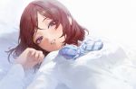  1girl bed_sheet bow bowtie breasts dress_shirt eyebrows_visible_through_hair eyelashes eyes_visible_through_hair hair_between_eyes hair_strand hand_up long_sleeves looking_at_viewer love_live! love_live!_school_idol_project lying medium_hair mossi nishikino_maki on_back on_bed parted_lips redhead shirt sideways_glance simple_background small_breasts smile solo striped striped_bow striped_legwear upper_body violet_eyes white_background white_shirt 