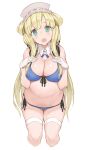  1girl absurdres bikini blonde_hair blue_bikini blush breasts character_request copyright_request front-tie_top gloves goekawa green_eyes hands_on_own_chest highres looking_at_viewer navel open_mouth solo swimsuit thigh-highs thighs white_background white_gloves 