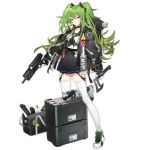  1girl axe bag bangs black_gloves black_jacket black_neckwear black_sailor_collar black_skirt breasts calico_m950 closed_mouth clothes_writing fingerless_gloves full_body girls_frontline gloves green_hair green_nails gun handgun headgear heart holding holding_gun holding_weapon jacket leg_up long_hair long_sleeves m950a_(girls_frontline) medium_breasts mod3_(girls_frontline) nail_polish official_art pleated_skirt sailor_collar school_uniform serafuku shoes shuaiaba skirt sneakers solo standing standing_on_one_leg thigh-highs transparent_background two_side_up weapon white_legwear yellow_eyes 