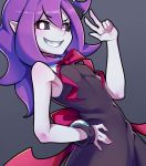  1girl black_dress black_sclera breasts demon_girl dress highres long_hair looking_at_viewer musume open_mouth pointy_ears purple_hair purple_skin simple_background sleeveless sleeveless_dress smile solo yuusha_no_kuse_ni_namaiki_da yuuten 