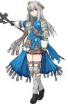 1girl armor bangs black_footwear black_gloves blue_dress brown_eyes brown_skirt character_request commentary_request dress eyebrows_visible_through_hair final_fantasy_brave_exvius frown full_body gauntlets gloves grey_hair hair_ornament halberd holding holding_weapon long_hair looking_at_viewer polearm shiseki_hirame shoes shoulder_armor simple_background skirt solo weapon white_background 