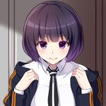  1girl bangs blunt_bangs blush bob_cut closed_mouth collar collared_shirt holding huyumitsu indoors jacket long_sleeves looking_at_viewer mikami_kaho necktie open_clothes open_jacket purple_hair shirt short_hair smile solo straight_hair striped striped_neckwear upper_body violet_eyes white_shirt world_trigger 