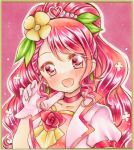  1girl bangs blush collar commentary_request cure_grace dress eyebrows_visible_through_hair flower gloves graphite_(medium) hair_flower hair_ornament healin&#039;_good_precure highres long_hair looking_at_viewer marker_(medium) nekofish666 open_mouth pink_dress pink_gloves pink_hair pink_neckwear portrait precure red_eyes shiny shiny_hair short_sleeves solo swept_bangs tiara traditional_media 