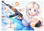  1girl absurdres akm armpits assault_rifle blue_eyes camouflage_helmet dennou_shoujo_youtuber_siro finger_on_trigger gun helmet highres looking_at_viewer nijihashi_sora open_mouth rifle salute silver_hair siro_(dennou_shoujo_youtuber_siro) skirt sleeveless smile thigh-highs virtual_youtuber weapon 