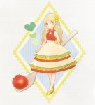  1girl ayu_(mog) bare_shoulders blonde_hair braid cherry_tomato cleavage_cutout closed_mouth flower food french_braid full_body hair_flower hair_ornament heart high-waist_skirt high_heels layered_skirt long_hair looking_at_viewer original personification polka_dot_skirt red_shirt sandwich shirt skirt solo standing tomato triangle_cutout yellow_eyes yellow_footwear yellow_skirt 