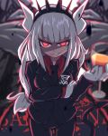 1girl bangs black_neckwear blunt_bangs cup demon_girl demon_horns drink drinking_glass eyebrows_visible_through_hair formal gloves helltaker highres holding holding_cup horns krr316 long_hair long_sleeves lucifer_(helltaker) necktie neckwear red_shirt shirt solo suit tail white_gloves white_hair white_horns