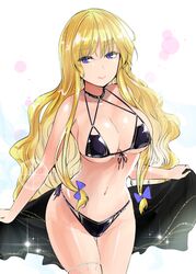  1girl bangs bare_arms bare_shoulders bikini black_bikini blonde_hair blue_bow blue_eyes bow breasts commentary_request cowboy_shot eyebrows_visible_through_hair front-tie_bikini front-tie_top groin hair_between_eyes hair_bow highres large_breasts lens_flare long_hair looking_at_viewer navel no_hat no_headwear pink_lips simple_background smile solo sparkle standing stomach swimsuit thighs touhou very_long_hair white_background y2 yakumo_yukari 