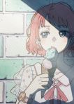  1girl blue_eyes blush brick_wall collarbone earrings food holding holding_food ice_cream jewelry licking mole mole_under_eye nanase774938 original red_ribbon redhead ribbon see-through short_hair solo tongue traditional_media upper_body watch watercolor_(medium) 