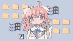  1girl bangs blue_eyes daizu_(melon-lemon) eyebrows_visible_through_hair folder grey_background long_sleeves original pink_hair pixel_art sleeves_past_wrists solo upper_body windows 