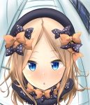  1girl abigail_williams_(fate/grand_order) artist_request bangs black_bow black_dress black_headwear blonde_hair blue_eyes bow breasts dress fate/grand_order fate_(series) forehead hair_bow hat highres long_hair looking_at_viewer looking_up multiple_bows open_mouth orange_bow parted_bangs polka_dot polka_dot_bow ribbed_dress sleeves_past_fingers sleeves_past_wrists small_breasts 