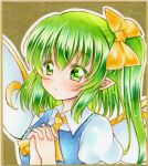  1girl blue_vest blush bow collared_shirt commentary_request daiyousei eyebrows_visible_through_hair fairy_wings graphite_(medium) green_eyes green_hair hair_between_eyes hair_bow hands_together highres looking_at_viewer marker_(medium) neckerchief nekofish666 one_side_up open_mouth pointy_ears portrait puffy_sleeves shirt solo touhou traditional_media vest white_shirt wings yellow_bow yellow_neckwear 