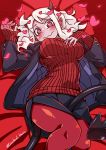  1girl between_legs black_horns black_jacket black_tail blush breasts demon_girl demon_horns demon_tail haniyama_kurofo heart heart-shaped_pupils helltaker highres horns jacket large_breasts looking_at_viewer lying modeus_(helltaker) on_back on_bed open_clothes red_eyes red_legwear red_sweater ribbed_sweater skirt smile solo sweater symbol-shaped_pupils tail white_hair 