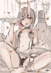  1girl bangs bob_cut eyebrows_visible_through_hair fate/grand_order fate_(series) food fruit grapes headpiece holding holding_food holding_fruit horns kippu looking_at_viewer navel oni_horns open_mouth revealing_clothes shide short_eyebrows short_hair shuten_douji_(fate/grand_order) signature sitting sketch solo 