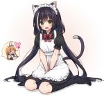  ahoge alternate_costume animal_ear_fluff animal_ears anz32 apron bangs black_dress black_legwear blush bow brown_hair cat_ears cat_girl cat_tail collared_dress dress enmaided eyebrows_visible_through_hair fang frilled_apron frills green_eyes hair_between_eyes heart karyl_(princess_connect!) kneehighs long_hair looking_at_viewer low_twintails maid maid_apron maid_headdress no_shoes open_mouth pecorine princess_connect! princess_connect!_re:dive puffy_short_sleeves puffy_sleeves red_bow short_sleeves sitting speech_bubble tail tiara twintails very_long_hair white_apron yokozuwari 