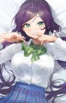  1girl bangs bed_sheet blue_skirt blush breasts collared_shirt dress_shirt eyebrows_visible_through_hair finger_to_mouth from_above green_eyes green_neckwear hair_ornament hair_scrunchie highres large_breasts long_hair long_sleeves looking_at_viewer love_live! love_live!_school_idol_project low_twintails lying mossi on_back on_bed otonokizaka_school_uniform pleated_skirt purple_hair school_uniform scrunchie shirt skirt smile solo swept_bangs toujou_nozomi twintails upper_body very_long_hair white_scrunchie white_shirt 