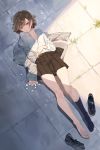  1girl barefoot blazer brown_eyes brown_hair feet grass ground highres hotosoka_(user_nxja5583) jacket lying no_bra on_back open_clothes open_shirt original school_uniform serafuku shirt shoes shoes_removed short_hair skirt socks_removed solo sweater 