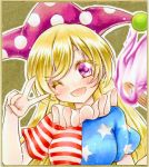  1girl american_flag american_flag_dress blonde_hair blush clownpiece commentary_request dress earrings eyebrows_visible_through_hair graphite_(medium) hair_between_eyes hat head_tilt highres jester_cap jewelry long_hair looking_at_viewer marker_(medium) neck_ruff nekofish666 one_eye_closed open_mouth portrait short_sleeves solo touhou traditional_media v violet_eyes 
