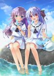  2girls absurdres asahina_yori barefoot blue_eyes blue_hair blush breasts clouds hair_between_eyes hair_ornament highres holding inari_(naruto) inari_(quiz_magic_academy) key_(company) long_hair looking_at_viewer multiple_girls open_mouth purple_hair red_eyes rock school_uniform serafuku short_sleeves sitting sitting_on_rock sky sorakado_ao summer_pockets wading 