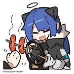  1girl :d =_= arknights bangs black_jacket blue_hair chibi commentary_request company_name cropped_torso food fur-trimmed_jacket fur_trim gloves halo holding holding_staff horns jacket line_(naver) long_hair long_sleeves looking_at_another mostima_(arknights) official_art open_clothes open_jacket open_mouth sausage simple_background skewer smile staff watermark waving white_background white_gloves 