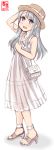  1girl alternate_costume artist_logo asymmetrical_bangs bag bangs commentary_request dated dress full_body handbag hat highres kanon_(kurogane_knights) kantai_collection long_hair looking_at_viewer open_toe_shoes sagiri_(kantai_collection) silver_hair simple_background sleeveless sleeveless_dress smile solo standing sun_hat sundress swept_bangs violet_eyes white_background white_dress 