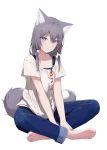  1girl absurdres animal_ears barefoot denim feet grey_eyes highres indian_style jeans long_tail looking_at_viewer medium_hair mikisai original pants shirt silver_hair sitting soles tail toes wolf_ears wolf_tail 