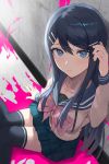  1girl against_wall bangs black_hair black_legwear black_skirt blood blue_eyes blue_sailor_collar blush bow breasts closed_mouth collarbone commentary_request dangan_ronpa dangan_ronpa_1 from_above grey_shirt hair_ornament hairclip hand_up highres knees_together_feet_apart large_bow long_sleeves looking_at_viewer looking_up maizono_sayaka medium_breasts miniskirt neckerchief on_floor pink_bow plaid plaid_skirt pleated_skirt sailor_collar seon_(seonon_) shirt sitting skirt solo swept_bangs thigh-highs zettai_ryouiki 