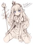 1girl azur_lane bangs blue_eyes blush bow character_name closed_mouth crown dress eyebrows_visible_through_hair full_body gloves hair_bow highres kippu long_hair mini_crown queen_elizabeth_(azur_lane) scepter signature simple_background sitting sketch smile solo thigh-highs wariza white_background 