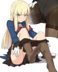  1girl aqua_eyes bangs black_panties black_skirt blonde_hair blue_jacket blush breasts crotch fate/grand_order fate_(series) feet gloves jacket long_hair long_sleeves looking_at_viewer lord_el-melloi_ii_case_files multiple_views no_shoes open_mouth panties pantyhose reines_el-melloi_archisorte shiseki_hirame simple_background sitting skirt small_breasts sweat underwear undressing white_background white_gloves 