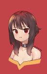  1girl absurdres bangs bare_shoulders brown_hair collar dated highres kono_subarashii_sekai_ni_shukufuku_wo! long_hair looking_at_viewer megumin off_shoulder red_background red_eyes short_hair_with_long_locks simple_background solo stardown95 upper_body 