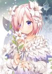  1girl blush craytm eyebrows_visible_through_hair fate/grand_order fate_(series) flower hair_flower hair_ornament hair_over_one_eye highres jewelry lily_(flower) looking_at_viewer mash_kyrielight necklace pink_hair short_hair smile solo violet_eyes 