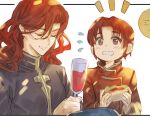  2boys alcohol alvis_(fire_emblem) azelle_(fire_emblem) blush bomssp brothers closed_eyes cup drinking_glass fire_emblem fire_emblem:_genealogy_of_the_holy_war food holding long_hair male_focus multiple_boys red_eyes redhead siblings simple_background smile white_background wine wine_glass 