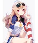  1girl aa_(sin2324) ahoge arm_support azur_lane bangs blue_shorts breasts closed_mouth columbia_(azur_lane) commentary_request drop_shadow eyebrows_visible_through_hair eyewear_on_head feet_out_of_frame grey_background hand_up headphones headphones_around_neck highres knee_up light_brown_hair long_hair looking_at_viewer medium_breasts midriff print_shirt raglan_sleeves shirt short_shorts shorts single_thighhigh sitting smile solo star_(symbol) star_print striped striped_legwear sunglasses thigh-highs two-tone_background violet_eyes w white_background white_shirt 