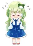 &gt;_&lt; 1girl bangs blue_skirt blush bogyaku_no_m chibi collared_shirt eyebrows_visible_through_hair frilled_skirt frills frog_hair_ornament green_hair hair_ornament hair_tubes hands_on_own_cheeks hands_on_own_face kochiya_sanae long_hair minigirl shirt shy simple_background skirt snake_hair_ornament sweatdrop touhou white_background white_legwear white_shirt