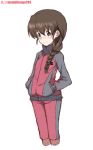  1girl alternate_costume black_ribbon blush braid brown_eyes brown_hair closed_mouth commentary cropped_legs girls_und_panzer hair_ornament hair_over_shoulder hair_ribbon hairclip hands_in_pockets jacket kayabakoro long_hair looking_to_the_side pants red_jacket red_pants ribbon rukuriri_(girls_und_panzer) simple_background single_braid smile solo standing track_jacket track_pants track_suit white_background 