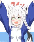  +_+ 1girl :d absurdres ahoge animal_ear_fluff animal_ears arms_up blue_eyes blush braid breasts commentary cosplay felutiahime fox_ears fox_girl fox_tail highres hololive hood kigurumi looking_at_viewer medium_hair open_mouth shark_costume shirakami_fubuki silver_hair single_braid small_breasts smile solo sparkling_eyes standing tail twitter_username upper_body virtual_youtuber 